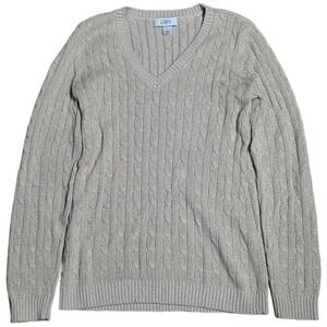 LOFT Cable Knit Metallic Sweater Women's Size M Beige V Neck Pullover